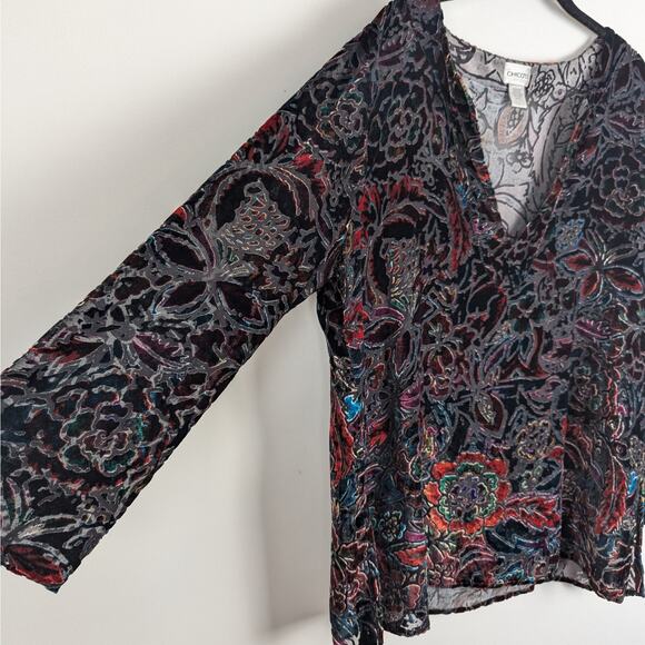 Chico's Floral Semi Sheer Burnout Velvet Silk Blend Tunic Size 2 | Large - Picture 4 of 8